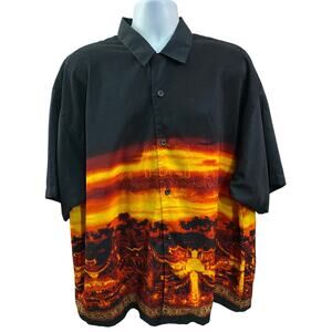 Y2K No Boundaries Orange Black Sunset Button Down Shirt Men’s 2XL 2000s Tribal